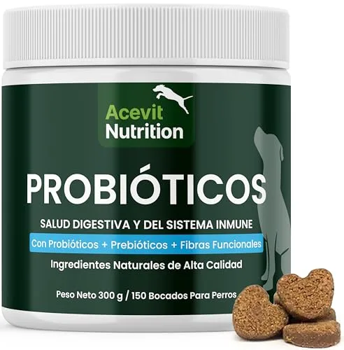 Probióticos Perros, 150 uds, 100% Natural con 2 Billones UFC, Prebióticos y Fibras Funcionales, Combate Diarrea y Gases, Refuerza Flora Intestinal e Inmunidad | Acevit Nutrition