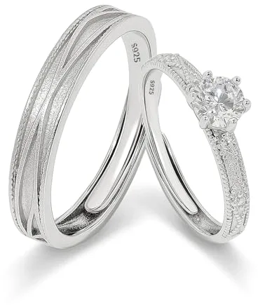 Meissa Anillos Promesa Alianzas de Plata Pareja Solitario Plata de ley 925 Mujer Ajustable Anillo de Compromiso Boda para Pareja Novios Regalo de San Valentín Aniversario (Juego de dos anillos)