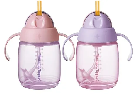 Tommee Tippee vaso de aprendizaje con pajita, 240 ml, vaso de transición para bebés a partir de 6 meses, con pajita de silicona con contrapeso y asas fáciles de sujetar, Rosa y Morado, pack de 2