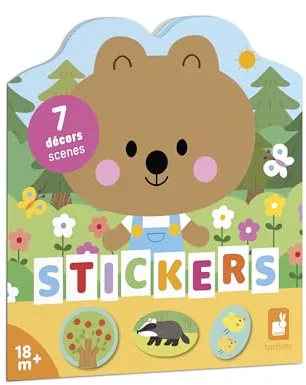 Janod Libro de Pegatinas A Partir de 18 Meses - Tema El Bosque - 12 Páginas para Decorar - 8 Páginas de Pegatinas - Ocio Creativo Infantil - Motricidad Fina y Entrenamiento de la Concentración