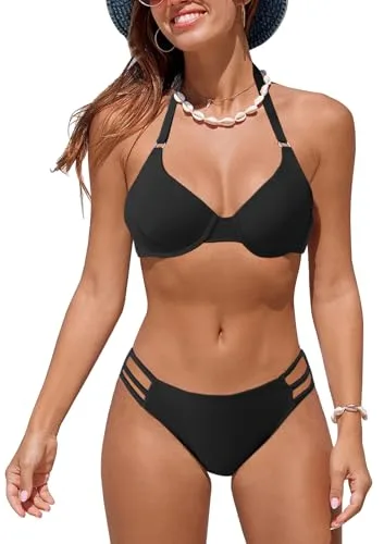 Rayson Bikini Mujer Conjuntos Push Up Halter Traje De Baño Sexy 2 Piezas Elegante Ropa de Playa Verano Cintura Baja(Negro,XL)