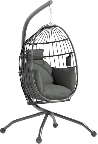 Outsunny Silla Colgante Huevo con Soporte Columpio Jardín Exterior con Cesta Plegable Cojín y Reposacabezas Portavaso Columpio Colgante para Interior y Exterior Carga 120 kg Negro