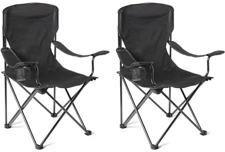 Amazon Basics Silla de Camping Plegable Portátil con Portavasos - Silla de Exterior con Marco de Acero, Resistente al Agua, con Bolsa de Transporte - 50,8cm x 71,1cm x 91,4cm - Negro - Pack de 2