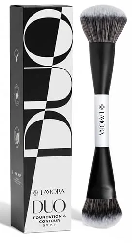 Lamora Bronceador Crema + Contorno Base Brocha Maquillaje Doble - Brocha Base Maquillaje Kabuki Duo para Crema o Liquido Colorete Iluminador Corrector - Vegano, Sin Crueldad & Cerdas Sintéticas
