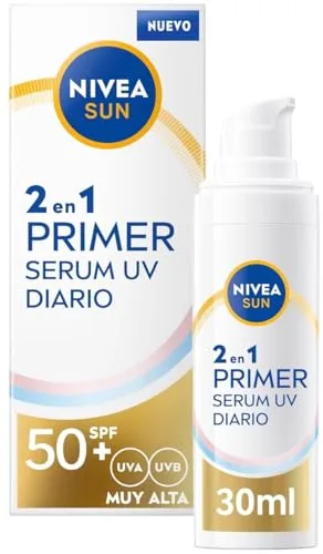 Nivea Sun Primer Sérum UV Diario 2en1, sérum facial con protección solar SPF 50+, protector solar facial que protege y suaviza la piel, crema solar con Ácido Hialurónico y Licocalcón A, 1 x 30 ml
