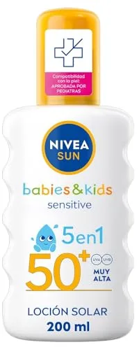 NIVEA SUN Babies & Kids Sensitive Spray Solar FP50+ (1 x 200 ml), protector solar para niños, protección solar muy alta, crema solar para bebés para reducir el riesgo de alergias solares