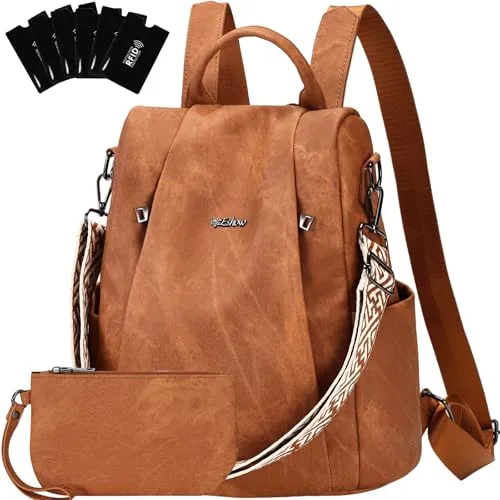 Eshow Mochila Antirrobo Mujer con Neceser Pequeño, Bolso Impermeable de Cuero PU, se Puede como Bandolera o de Mano para Trabajo Viaje Universidad Escuela y Compras