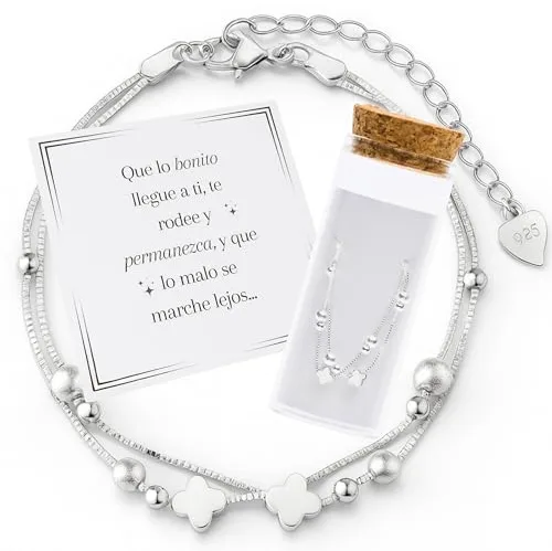 MOMENTUM Pulsera Plata Mujer (Bañada) – Trébol de la suerte – Regalo con Caja y Dedicatoria Premium – Ajustable y Elegante – Ideal Cumpleaños, Navidad, San Valentín
