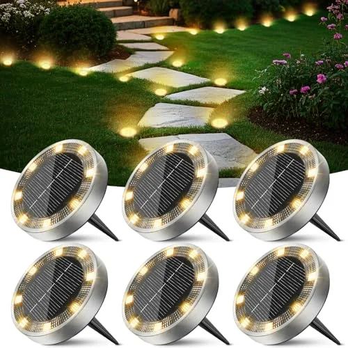 Peasur 6 Paquetes Luces Solares LED Exterior Jardin Suelo,8 LED Luz Solar Exterior Jardin, IP65 Impermeable Luces Solares para Patio, Camino, Césped, Blanco Cálido