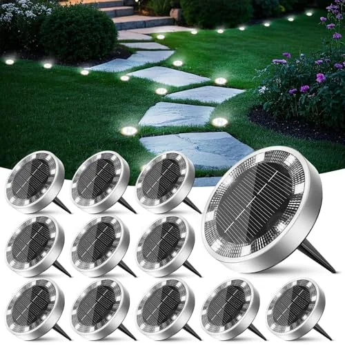 Peasur 12 Paquetes Luces Solares LED Exterior Jardin Suelo,8 LED Luz Solar Exterior Jardin, IP65 Impermeable Luces Solares para Patio, Camino, Césped, Blanco Frío