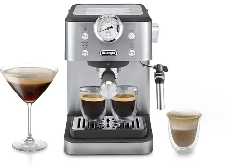 De'Longhi Classic EM450.M, Máquina Café Manual con Varilla Vapor, Máquina Espresso con Bomba Barista, Boquilla para Capuchino, Filtro Doble Pared, 15bar, Taza Hasta 13cm, Acero Inoxidable/Metal
