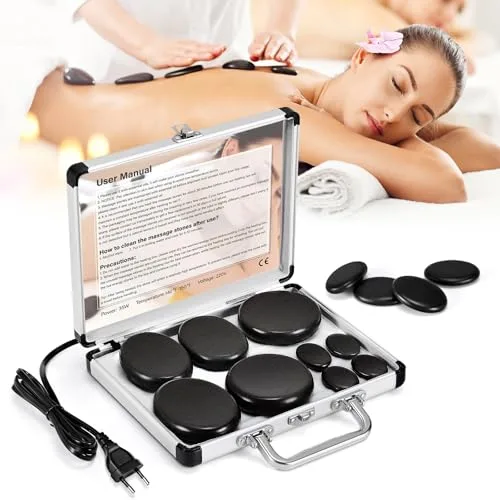 Hot Stone Set de masaje de piedras de basalto con caja térmica portátil, dispositivo de calor de piedra caliente para uso doméstico, terapia de masaje, spa, relajación (9)