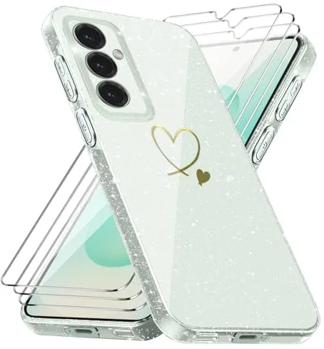 Funda Compatible con Samsung Galaxy S25/ Samsung Galaxy S24 5G, con 3 Piezas Vidrio Templado Protector de Pantalla, Anti-caída y Antihuellas Carcasa, Suave y Purpurina Caso - Transparente