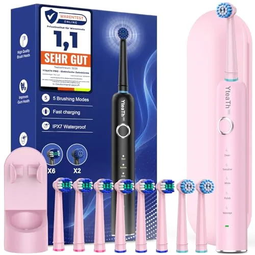 Cepillo de Dientes Eléctrico de Rotación Adultos con 8 Cabezales - Cepillo Electrico con Estuche de Viaje, 5 Modos, IPX7 Impermeable, Cepillo Dientes Electrico Viaje Recargable, Rosa