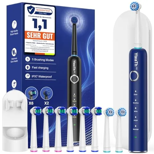 Cepillo de Dientes Eléctrico de Rotación Adultos con 8 Cabezales - Cepillo Electrico con Estuche de Viaje, 5 Modos, IPX7 Impermeable, Cepillo Dientes Electrico Viaje Recargable, Azul