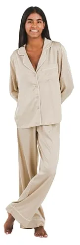TRAMAS+ Pijama Mujer Satén, Pijama Mujer Largo, Conjunto de Manga Larga con Botones y pantalón con Cintura Elastica, Ropa de Dormir Cómoda - M, Beige