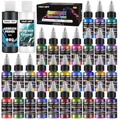 HOMY ARTY Pintura para Aerógrafo Iridiscente - 30 Colores con 120 ml de Imprimación y 120 ml de Diluyente, Pinturas Acrílicas a Base de Agua Listas para Pulverizar para Modelos de Plástico, Madera