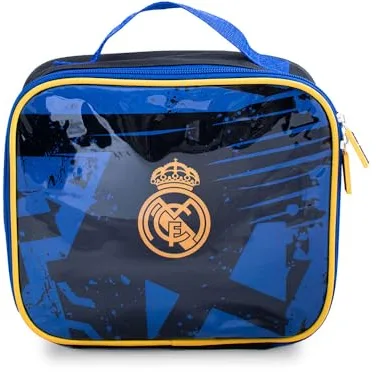 Hy-Pro Bolsa de almuerzo con licencia oficial del Real Madrid CF - Aislada, portátil, producto del Real Madrid, gran idea de regalo de fútbol, perfecta para la escuela o el trabajo, negro/azul, negro