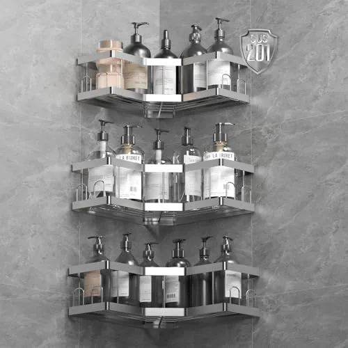 AceMining Estanteria Ducha, 3 Pack Plateado Estanteria Baño con Adhesivo, Acero Inoxidable 201 Estante sin Taladro, Organizador Ducha sin Taladro, Estante Baño de Acero al Carbono Sólido