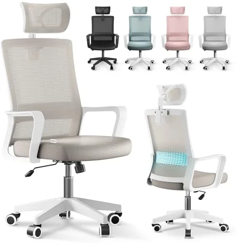 JUPPLIES Silla Escritorio Ergonomica - Silla Oficina Ajustable y Reclinable con Soporte Lumbar, Reposacabezas Ajustable, Malla Transpirable, Ruedas Giratorias 360° Soporta hasta 120kg (Beige)