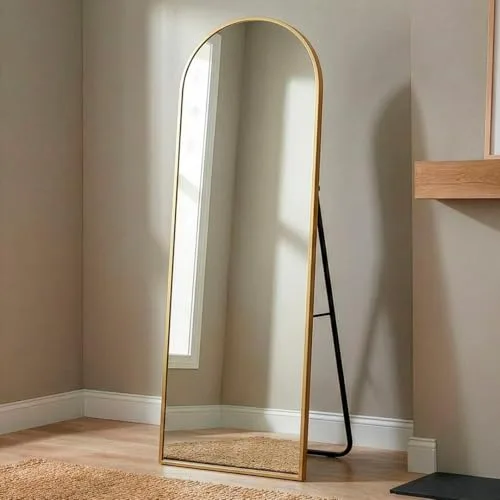 Marctani Espejo de Pie Cuerpo Entero - Espejo Grande y Largo con 3 Formas de Uso, Independiente, Montaje Pared y Apoyado - Marco de Aluminio para Dormitorio, Baño o Salon (Dorado 161x52cm)