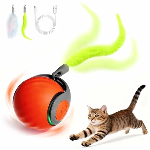 Juguetes Interactivo Pelota para Gatos,Speedy Tail 2.0 Juguete Eléctrico Bola Gatito con Cola de plumas, 2 Modos Inteligente Rodante Automático Peloto para Gatito Juguetes de Interior-Naranja