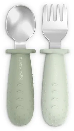 Suavinex, Cubiertos Bebé de Aprendizaje, Pack de Cuchara y Tenedor de Acero Inoxidable, Mango de Silicona Antideslizante, Ergonómicos, Seguros, para BLW, para Bebés +6 Meses, Apto Lavavajillas, Verde