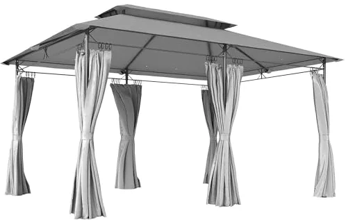 Outsunny Cenador para Jardín 4x3 m Pérgola de Jardín Gazebo con Doble Techo Paredes Laterales Resistente al Agua Carpa para Exterior Terraza Patio Gris Oscuro