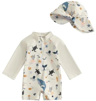 WYTbaby Traje de baño de una pieza para bebé, ropa de protección UV de manga larga para bebé niño con sombrero para el sol, beige, 2-3 Años