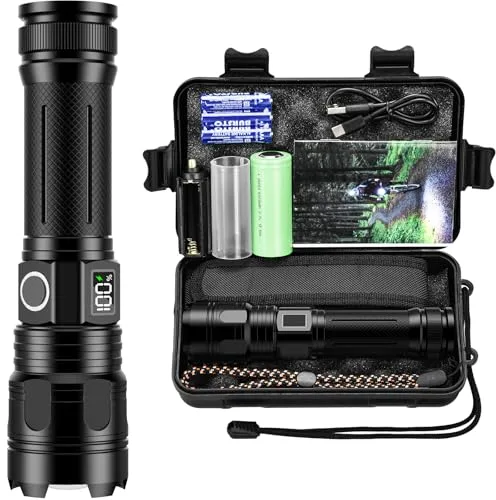 Akdomart Linternas LED Alta Potencia 500000 Lumen, Linterna LED Recargable Con Batería de 5000mAh, Zoonable 5 Modos Linterna Tactica Policial, IPX67 Impermeable Linterna Potente (negro)