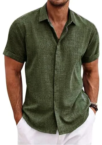 PADOLA Hombre Camisetas Lino de Botones Suelta Manga Corta Color Sólido Camisa de Verano Regular Fit Respirable(L,Verde Militar)