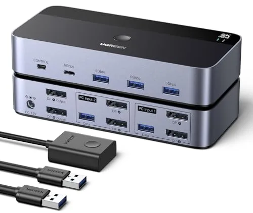 UGREEN Switch KVM DisplayPort 2 Entradas 2 Salidas 8K60Hz 4K240Hz Dos Monitores Conmutador con 4 Puertos USB 3A1C 5Gbps para Teclado, Ratón Disco Duro Controlador de Escritorio Cables USB Incluidos