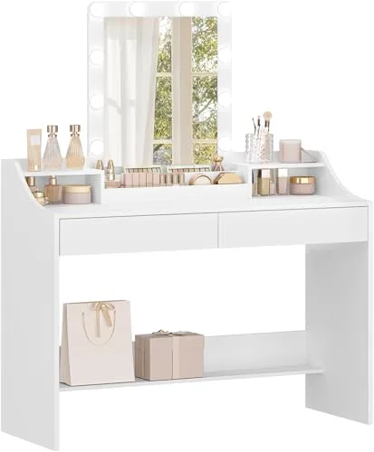 Hzuaneri 108cm Tocador con Iluminación LED, Brillo Ajustable, Mesa de Maquillaje con Espejo, Tocador con 2 Cajones y 2 Compartimentos Abiertos, Moderno, Blanco DT40803X
