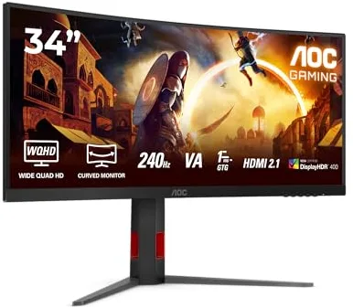 AOC CU34G4Z Monitor Gaming 34" WQHD Curvo, 240 Hz, Fast VA, 1 ms GtG, HDR400, FreeSync Prem., Altura Ajustable (3440x1440, 2X HDMI 2.1, 1x DP 1.4, USB-Hub) Negro/Rojo