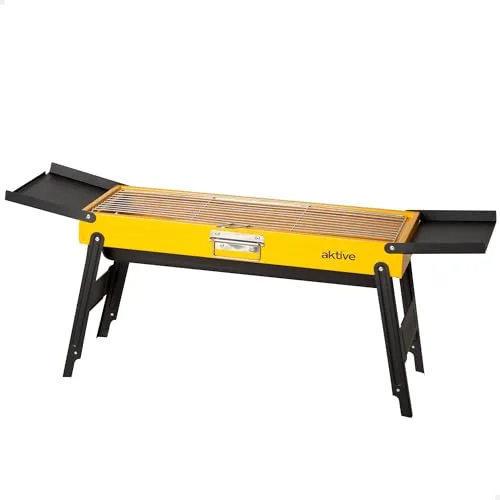 AKTIVE Barbacoa carbón plegable, Acero esmaltado, 89x22x32 cm, Con bandejas laterales abatibles, Parrilla de acero inoxidable, Bandeja extraíble, Diseño portátil, Ideal para jardín y camping (63123)