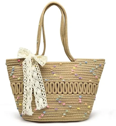 Pahajim Bolso Tote Bag Bolso de Mano de Mujer Bolsos Trenzado con Cuerda de Algodón Bolsos Bandolera con Cremallera para Verano Playa Vacaciones