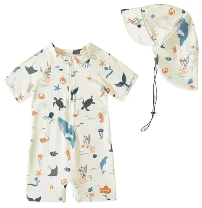 Bañador beber Niño Niña Protección UV 50, Traje De Baño con Gorro Bebe Fato Baño UV, Beige Oceam 6-12 Meses