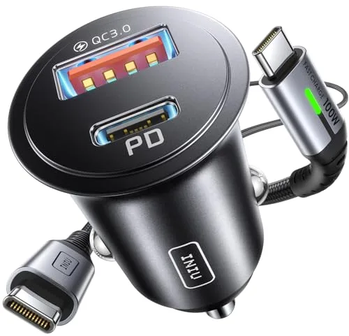 INIU Cargador Coche Carga Rápida, 60W Total [USB C 30W+USB A 30W] PD & QC3.0 Car Charger+[1m] 100W Cable, USB C Cargador Mechero Coche para Movil iPhone 16 15 14 Pro MAX iPad Samsung S25 Huawei LG