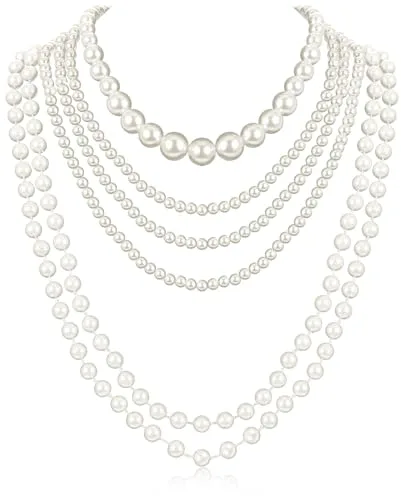 HJZHII 6 collares largos de perlas, vintage, elegante, collar de perlas de imitación de los años 20, accesorios de perlas de moda, collar en capas de Gatsby, joyería de disfraz para boda, fiesta de