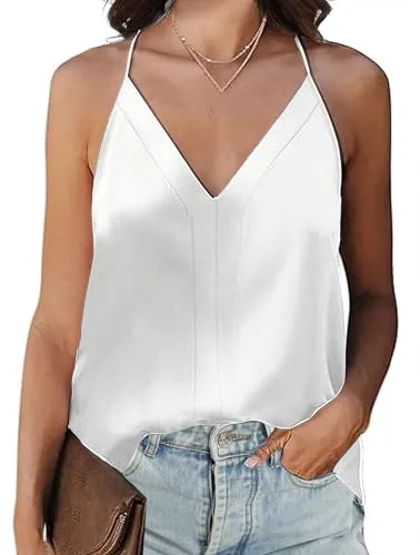 Koerye Mujer Sin Mangas Camiseta de Tirantes Satén Tops de Verano con Cuello en V Blusas Shirt Casuales Elegantes Camisole Sólida Básica(Blanco,L)