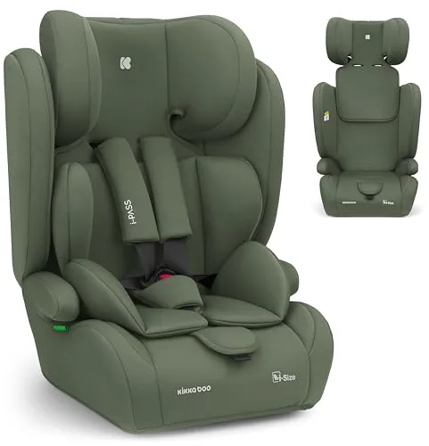 KikkaBoo Silla de Coche Sin ISOFIX Grupo 1 2 3 (9-36 kg, 76-150cm) i-PASS, Silla Coche Bebé y Niños, Reposacabezas 13 Posiciones, 15 Meses a 12 Años, Cadeira Auto, Verde Militar