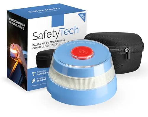 SafetyTech - Luz Emergencia Coche Homologado DGT, con SIM Telefónica y Datos Gratis hasta 2038, Baliza V16 Homologada DGT con Geolocalizador 3.0 + Funda Accesorios Coche, V16 con Geolocalización