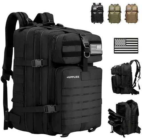 JUPPLIES Mochila Tactica Militar 45L Impermeable Oxford 600D IPX5 con Sistema MOLLE y Cremalleras Reforzadas – Gran Capacidad para Crossfit, Gimnasio, Senderismo, Viajes o Supervivencia(Negro)