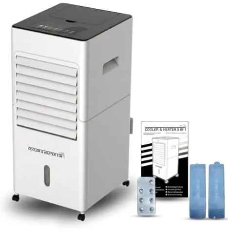 STARLYF Climatizador Evaporativo Portátil 5 en 1 Frío Calor – Enfriador de Aire, Calefactor 2000W, Humidificador y Purificador, Depósito 6L, 3 Velocidades, Temporizador y Mando