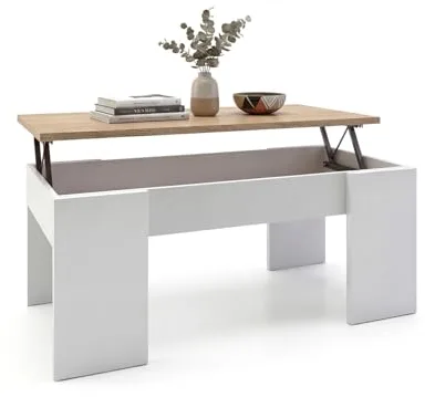 duehome | Mesa de Centro Elevable, Mesita de Salón o Comedor, Modelo Vita, Acabado en Color Blanco Artik y Roble Canadian, Medidas: 100 cm (Largo) x 50 cm (Ancho) x 45-56 cm (Alto)