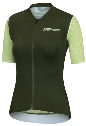 Santic Maillot de ciclismo para mujer, manga corta, transpirable, con bolsillos traseros, verde, S