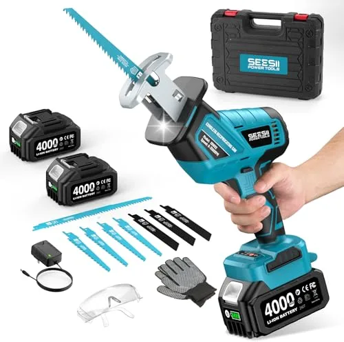 SEESII Sierra Sable Inalámbrica 21V, Sierra Alternativa de 2 Baterías 4.0Ah, 3500 RPM motor sin escobillas, luz LED, 8 hojas de sierra portátil para madera PVC de corte