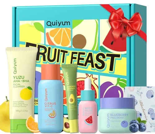 QUIYUM Set de Regalo de Cuidado de la Piel con Frutas para Adolescentes, Kit Facial de Skincare de 5 Piezas, Rutina Beauty para Mujeres con Hidratación Intensa y Luminosidad Natural