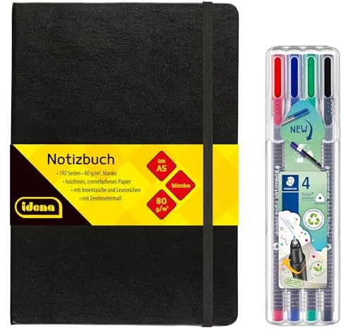 Idena 90328 – Cuaderno DIN A5 con 192 páginas, en blanco, incluye 4 rotuladores Staedtler Triplus Fineliner con punta superfina, 0,3 mm