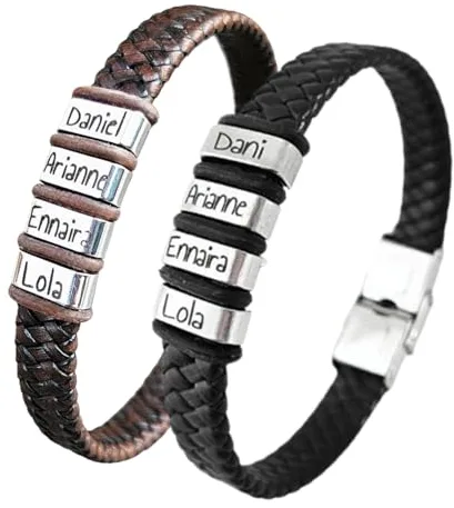 Pulsera personalizable con tu texto, totalmente ajustable, fabricada con cuero y acero. Regalos día del padre, regalos San Valentín. (TALY)